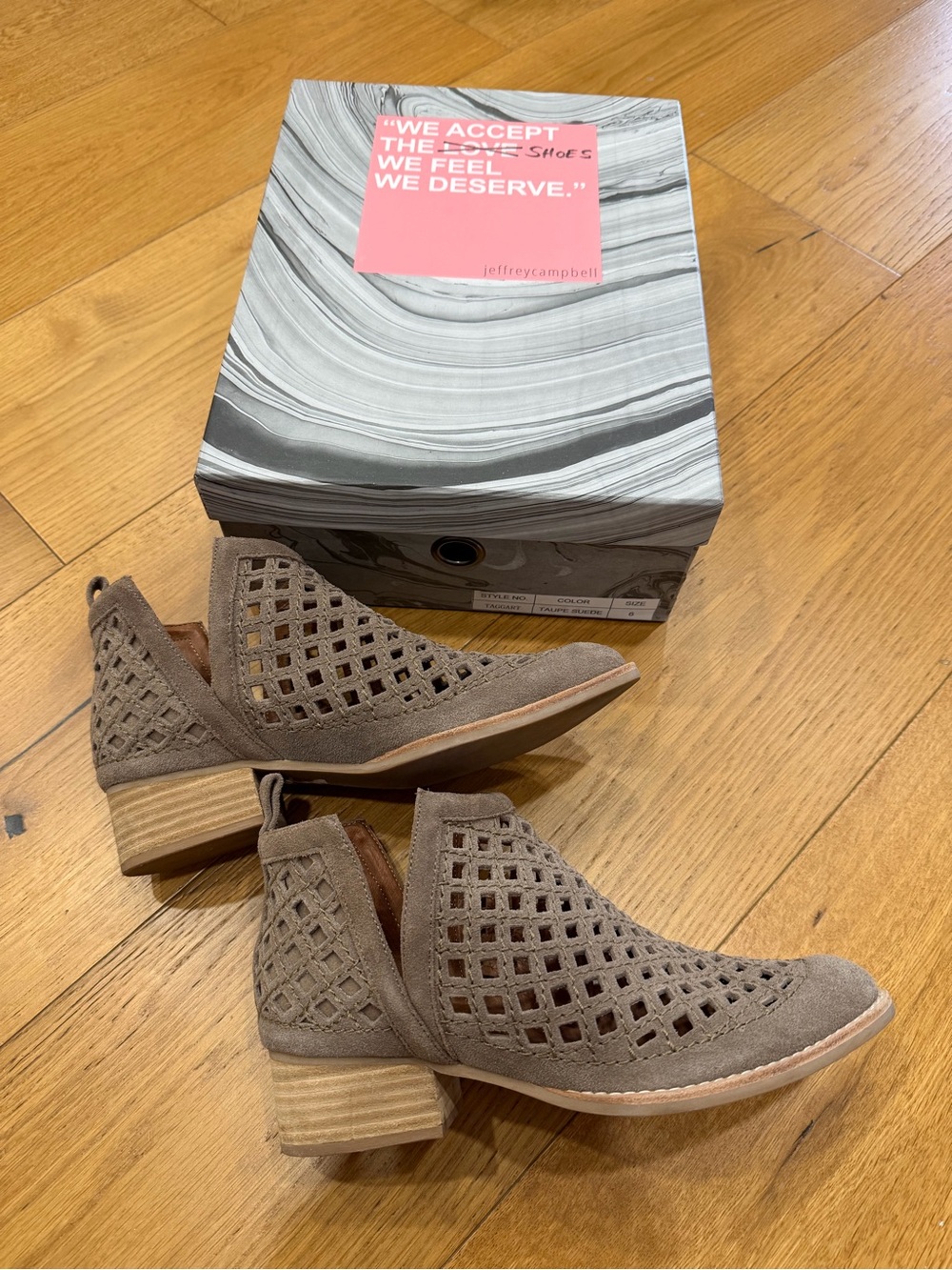 Jeffrey Campbell Taupe Suede Perforated Cutout Ankle Booties